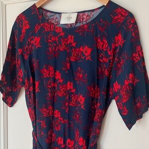 Business Chic Navy Dress with Red Floral Design